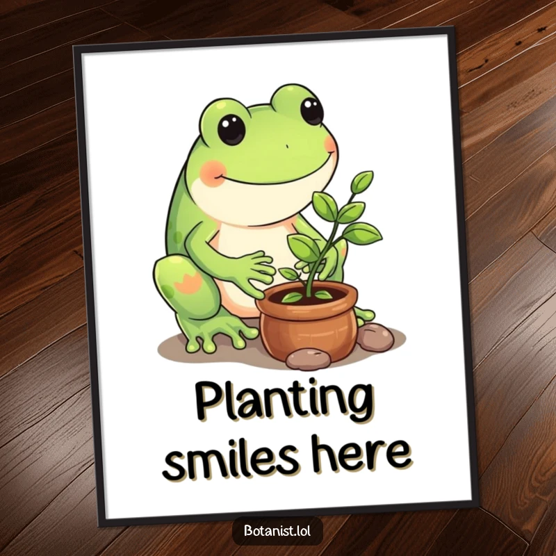 Funny poster art of a playful frog diligently tending to a tiny potted sapling with a nurturing expression.