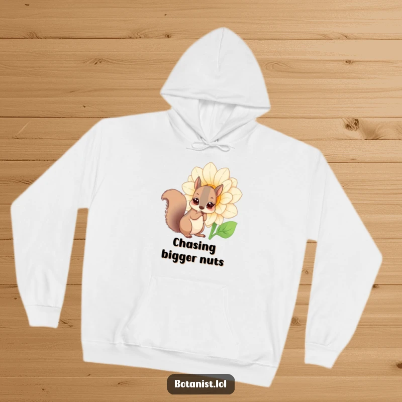 Funny squirrel flower hoodie, a curious squirrel captivated by a giant blooming flower, offering warmth and whimsical charm.