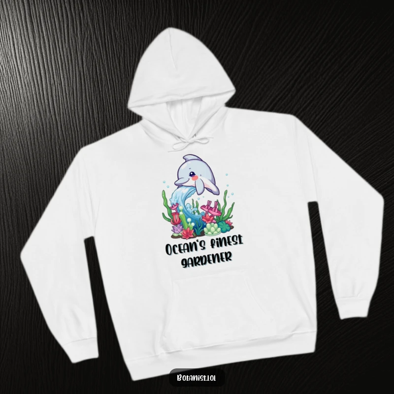 Funny Dolphin Hoodie depicting a joyful dolphin splashing water playfully onto a variety of colorful aquatic plants in an underwater setting.