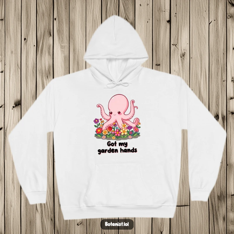 Funny Octopus Hoodie depicting a friendly octopus using its many arms to lovingly care for a lush garden filled with bright flowers.