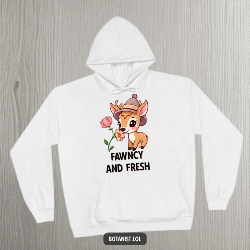 Funny hoodie design featuring a happy deer wearing a hat, lovingly sniffing a vibrant, freshly cut flower, exuding peace and subtle humor.