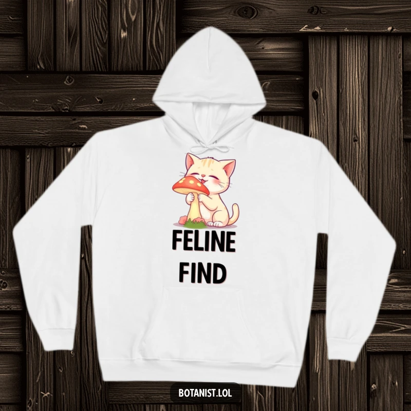 Funny hoodie with a giggling cat gently touching a vibrant, glowing mushroom with curiosity.