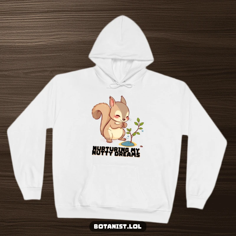 Funny hoodie showing a curious squirrel attentively watering a very small, fragile sapling, symbolizing care.