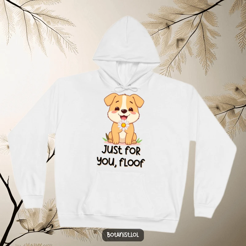 Funny Dog Hoodie: A content pup extends a beautiful daisy with a tail wag, showcasing a heartwarming and humorous illustration.