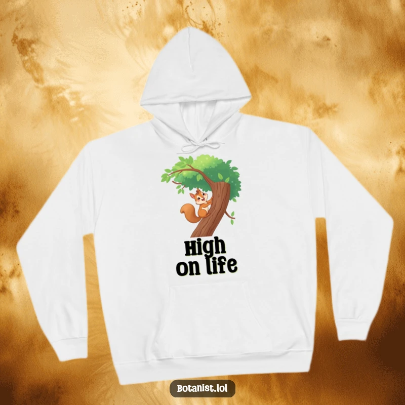 Funny hoodie featuring a happy, giggling squirrel bravely scaling a tall, leafy tree, perfect for outdoor lovers and humor enthusiasts.