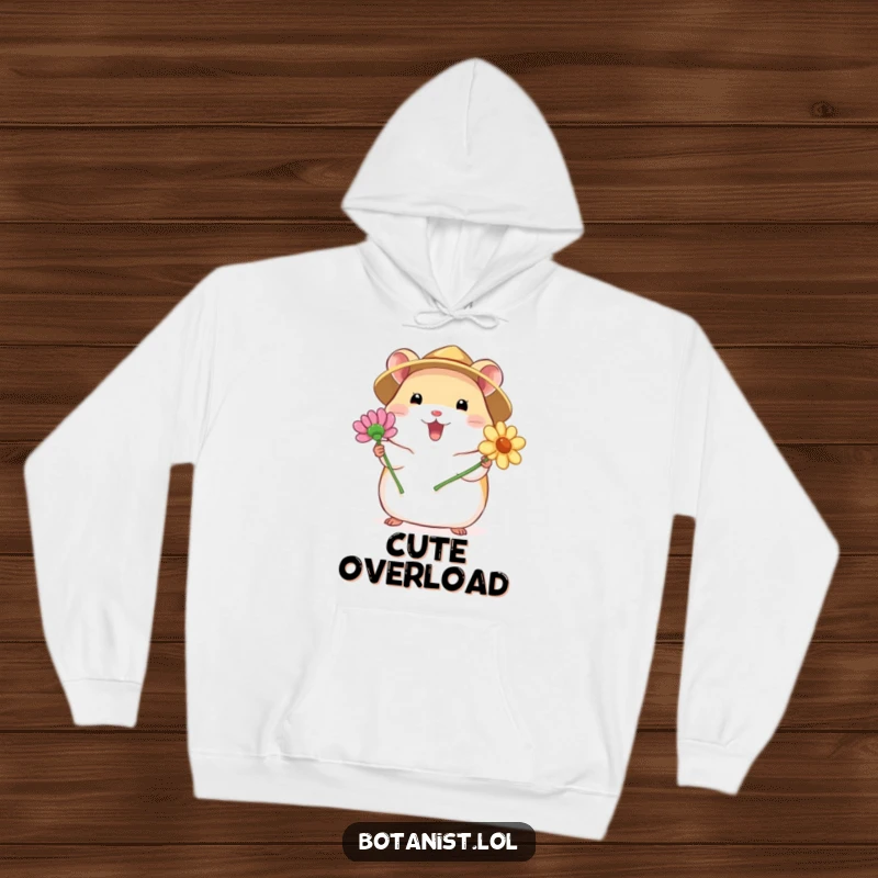 Funny hoodie featuring a chubby hamster in a straw hat, excitedly presenting a blooming flower, a cozy and heartwarming design.