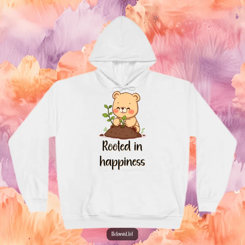 Funny hoodie featuring a happy bear cub diligently transplanting a seedling into new soil, perfect for cozy outdoor vibes.
