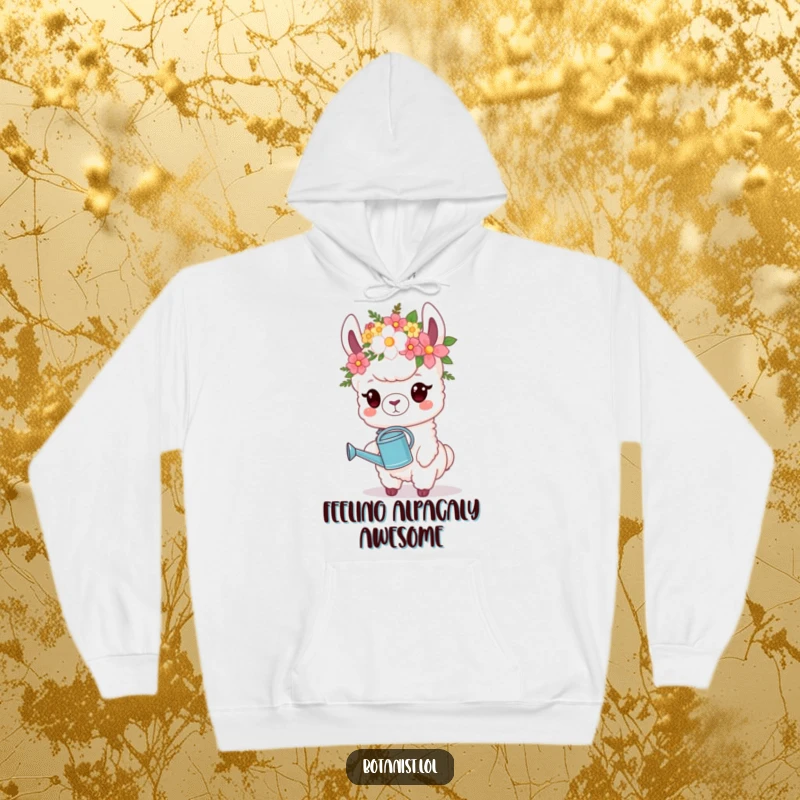 Funny Hoodie: A proud llama adorned with a flower crown holds a watering can, ready to tend to plants.
