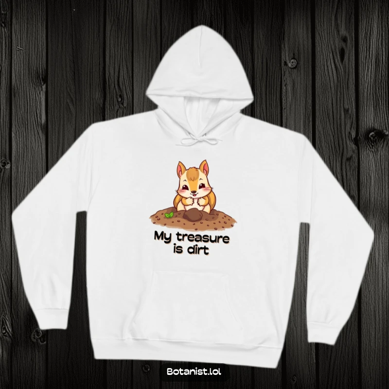 Funny squirrel gardener hoodie featuring a curious squirrel wearing gardening gloves, digging energetically into the earth.