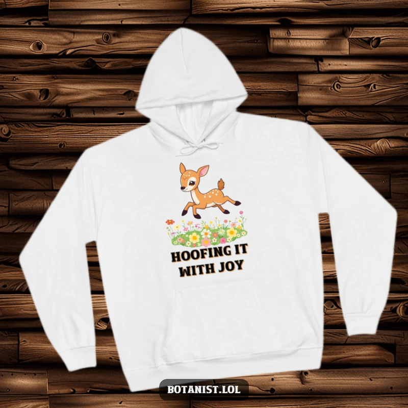 Funny Deer Hoodie depicting a graceful deer mid-leap over a bed of colorful wildflowers, with expressive, sparkling eyes.