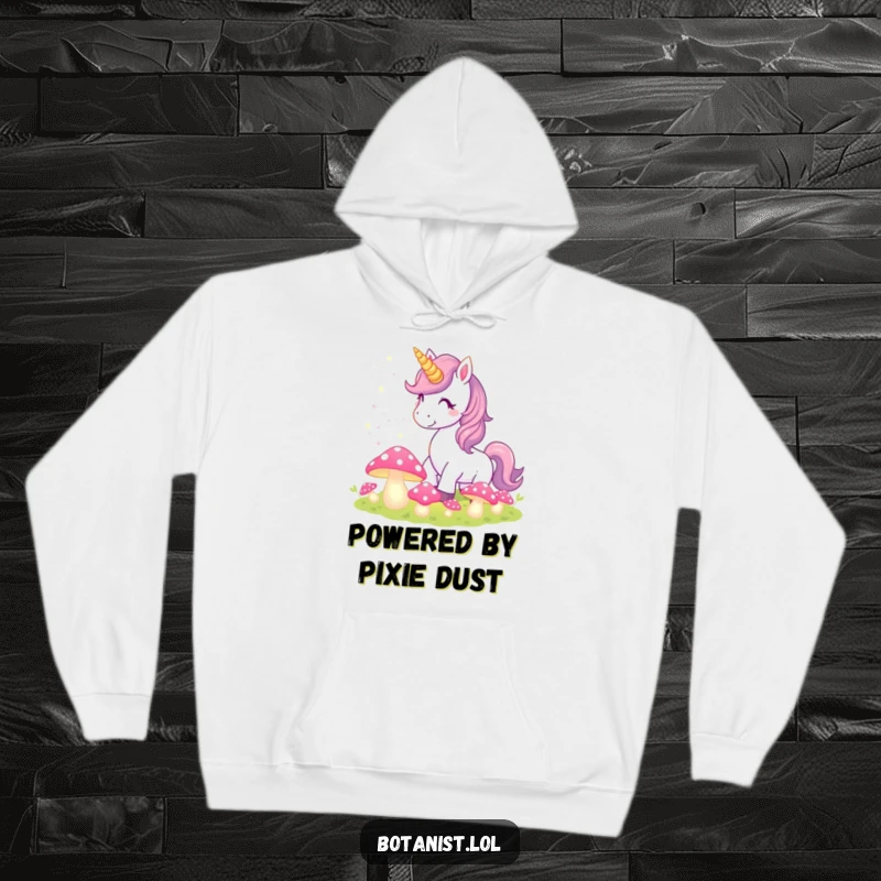 Funny Unicorn Hoodie featuring a mystical creature showering pixie dust onto bioluminescent, magical mushrooms, perfect for fantasy lovers.