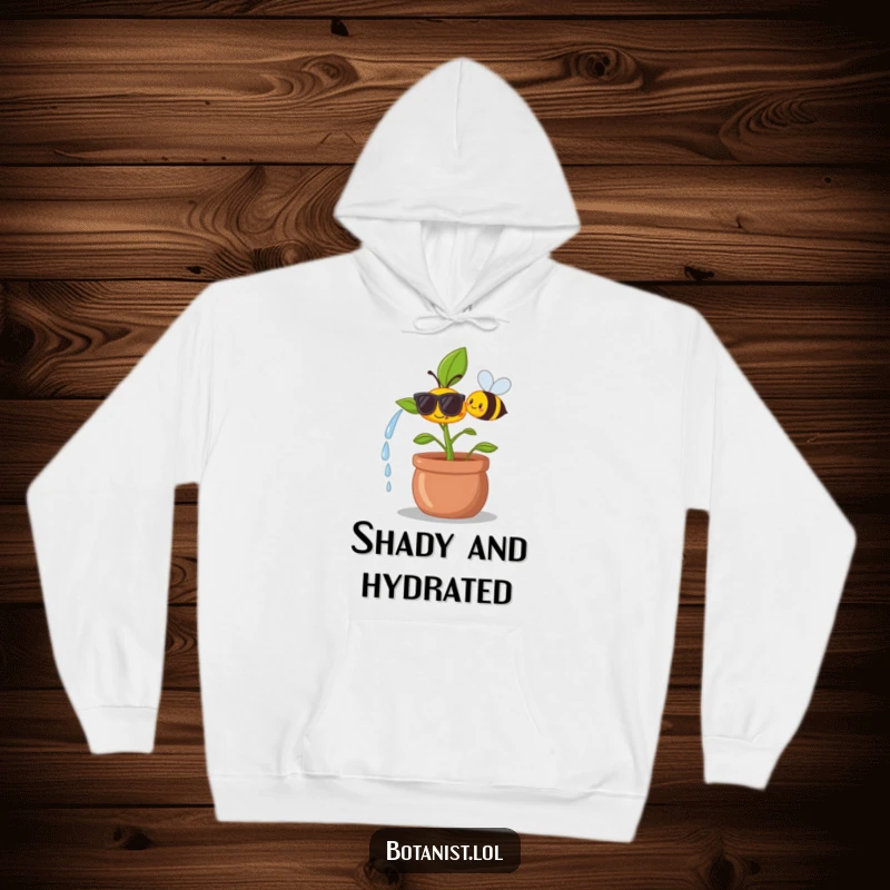 Funny hoodie featuring a happy plant wearing miniature sunglasses, being lovingly watered by a smiling bee.