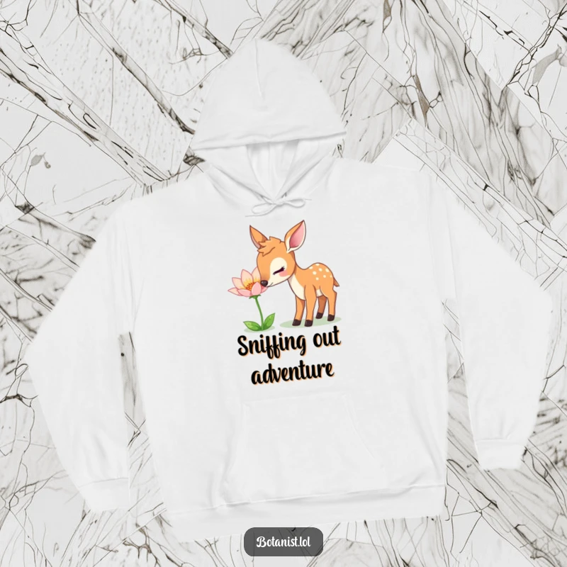 Funny Hoodie: A gentle deer curiously investigates a unique, shimmering flower, embodying peaceful exploration.