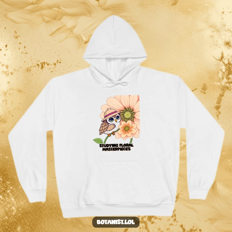 Funny hoodie featuring an adorable owl in a hat, engrossed in examining a magnificent, oversized flower, a cozy funny gift.