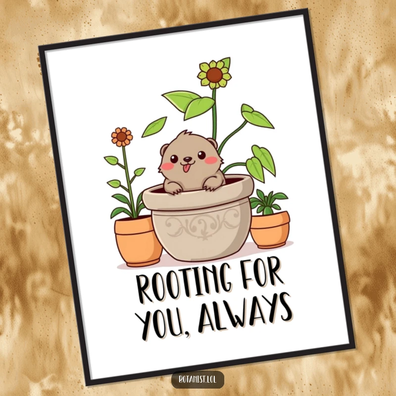 Funny free printable wall art depicting a cheerful mole popping its head out from a giant potted plant, looking happy.