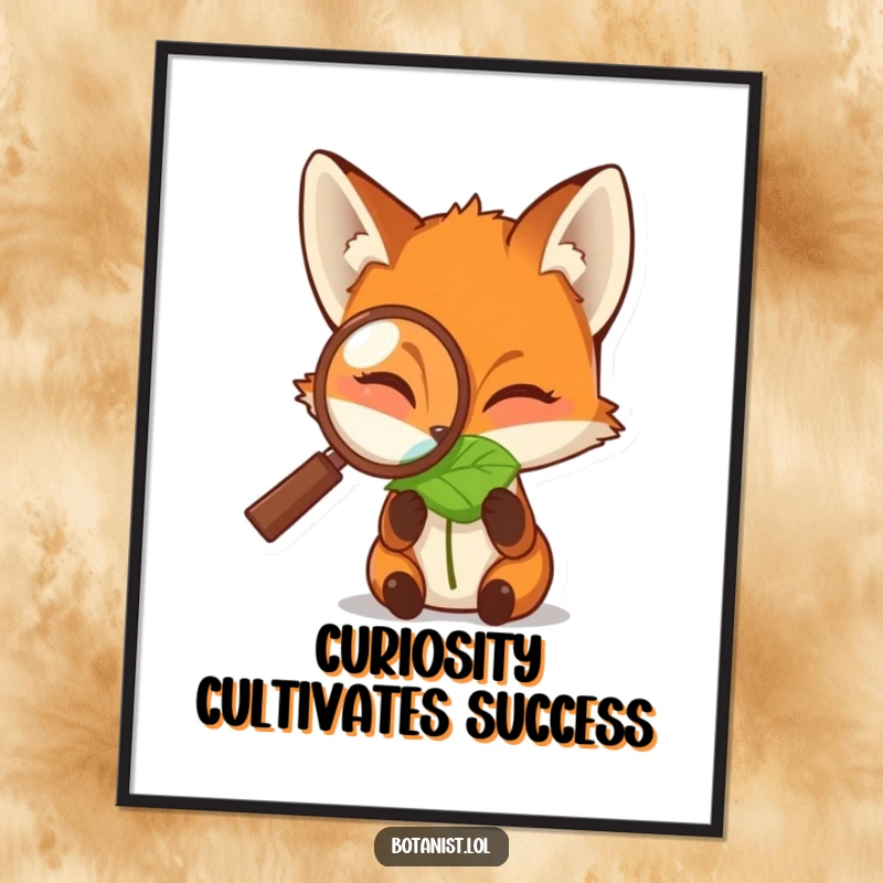 Funny Free Printable Wall Art: A focused fox peers intently through a magnifying glass at a dewdropped leaf, appreciating nature's details.