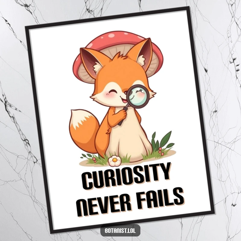 Funny Free Printable Wall Art: Smiling fox examining a giant mushroom with a magnifying glass, a scene of curious discovery.