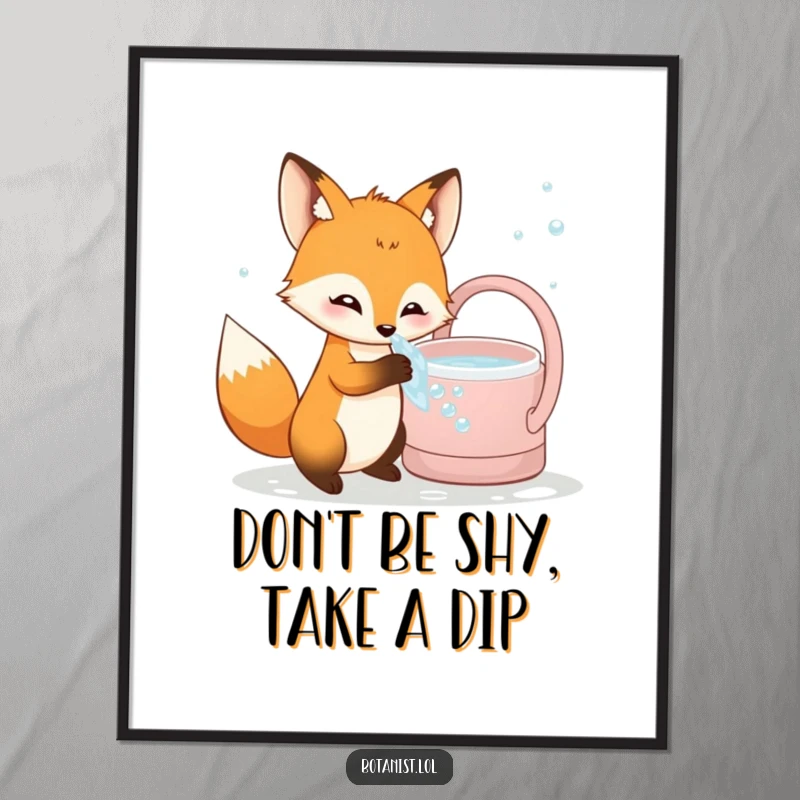 Funny free printable wall art depicting a curious fox dipping its paw into bubbly water from a giant watering can.