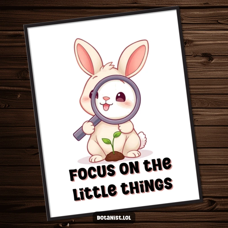 Funny Free Printable Wall Art: A smiling rabbit peers through a giant magnifying glass, meticulously observing a minuscule green sprout.