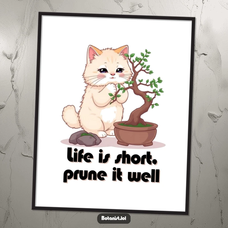 Funny Free Printable Wall Art: A fluffy cat focused on delicately pruning the branches of a small bonsai tree.