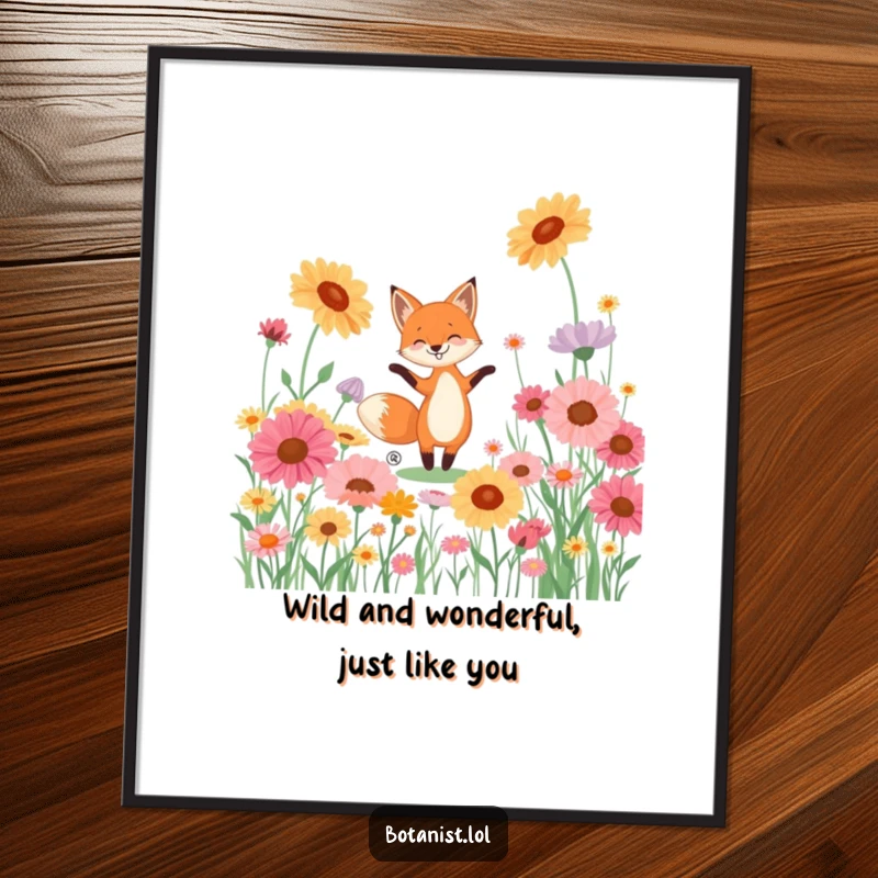 Funny Free Printable Wall Art: A playful fox dances happily in a field of oversized, colorful wildflowers, adding cheer.