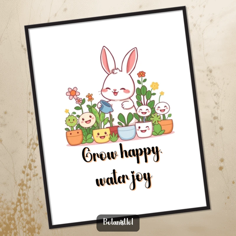 Funny Free Printable Wall Art: a giggling rabbit watering a collection of oversized, smiling plants with joy.