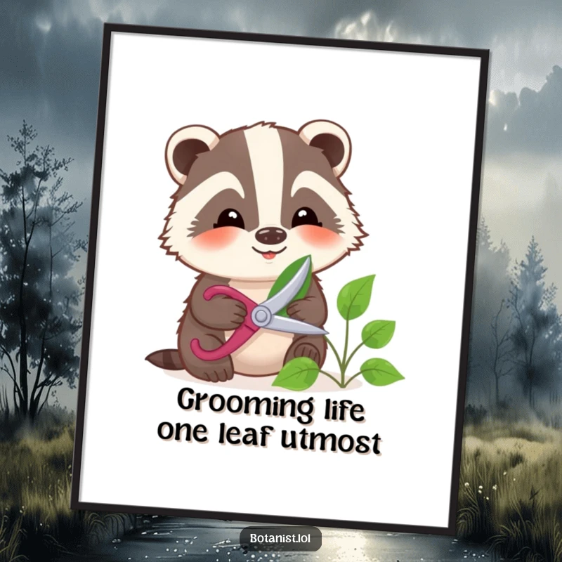 Funny Free Printable Wall Art: A smiling badger gently prunes a leaf with small shears, evoking peaceful gardening.