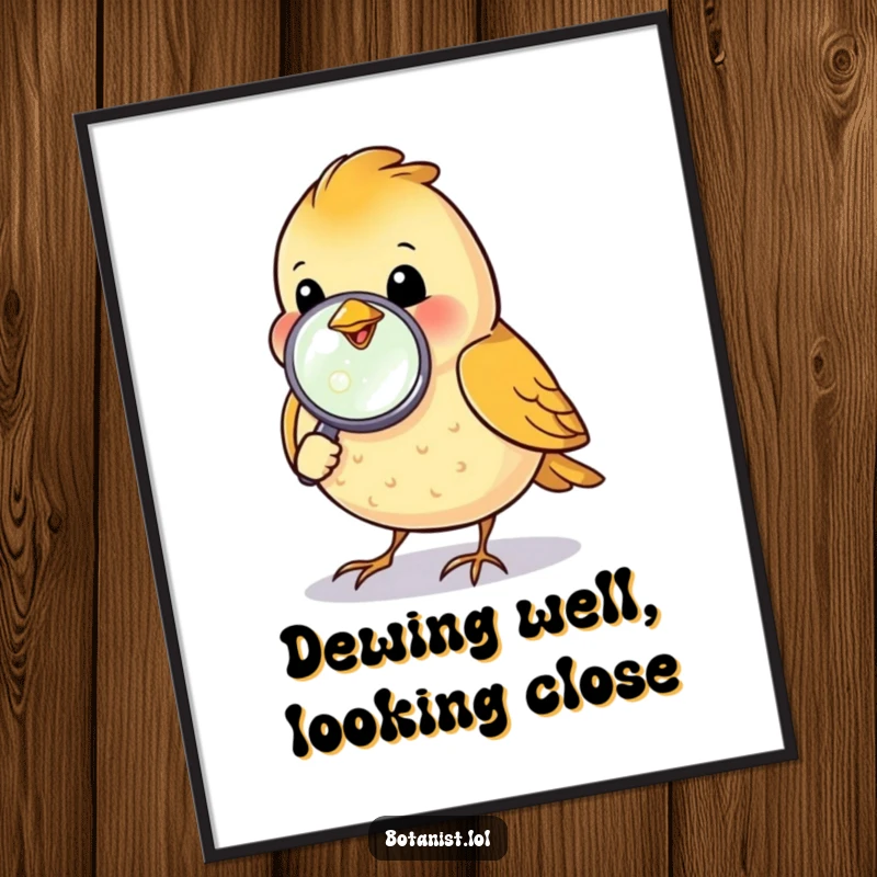 Funny Free Printable Wall Art: A happy bird inspects a dewdrop with a magnifying glass, showcasing detailed observation.