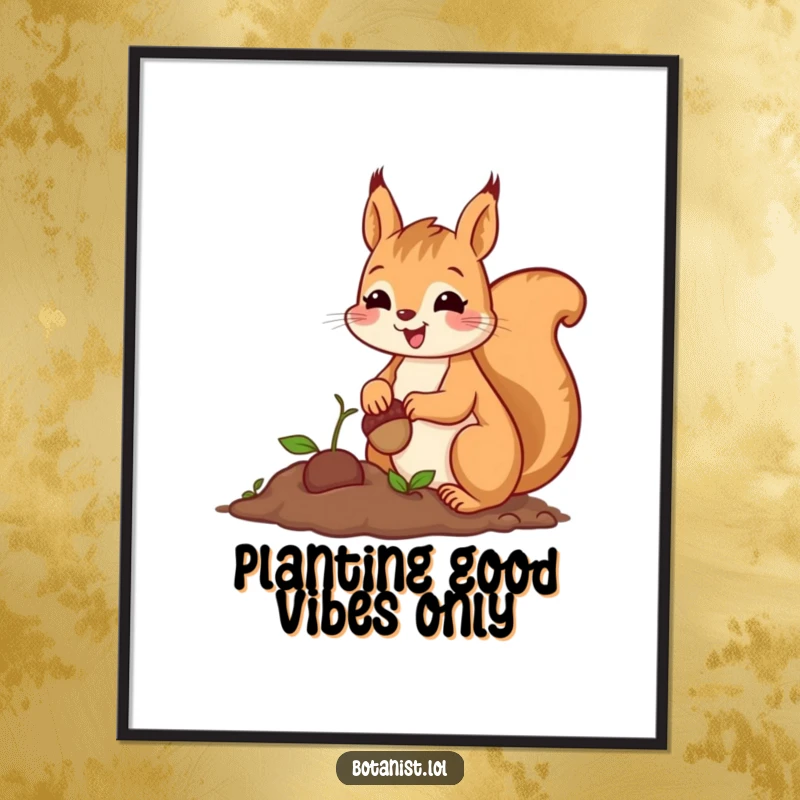 Funny Free Printable Wall Art: A cheerful squirrel carefully planting a tiny acorn with a proud smile, bringing joy to the wall.