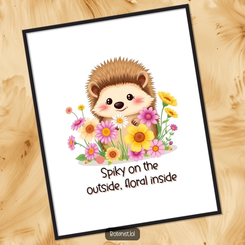 Funny Free Printable Wall Art depicting a serene hedgehog delighting in a beautiful bouquet of diverse, colorful wildflowers.