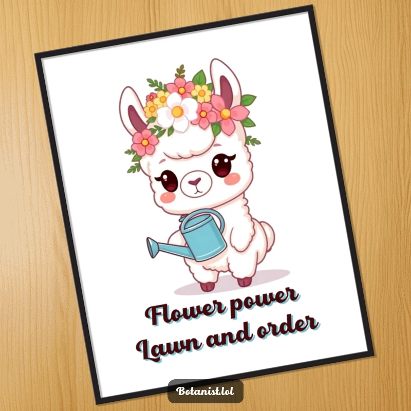 Funny Free Printable Wall Art: Llama proudly wears a flower crown, holding a watering can, a regal DIY artwork.