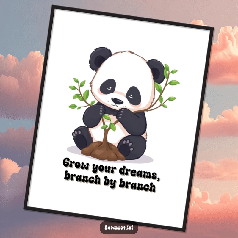 Funny Free Printable Wall Art: A focused panda diligently repots a miniature tree with both paws, exuding calm and natural beauty.
