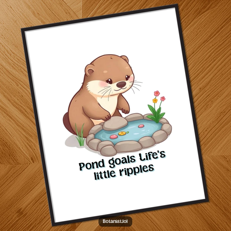 Funny Free Printable Wall Art: Otter meticulously waters a miniature garden pond, perfect for nature lovers.