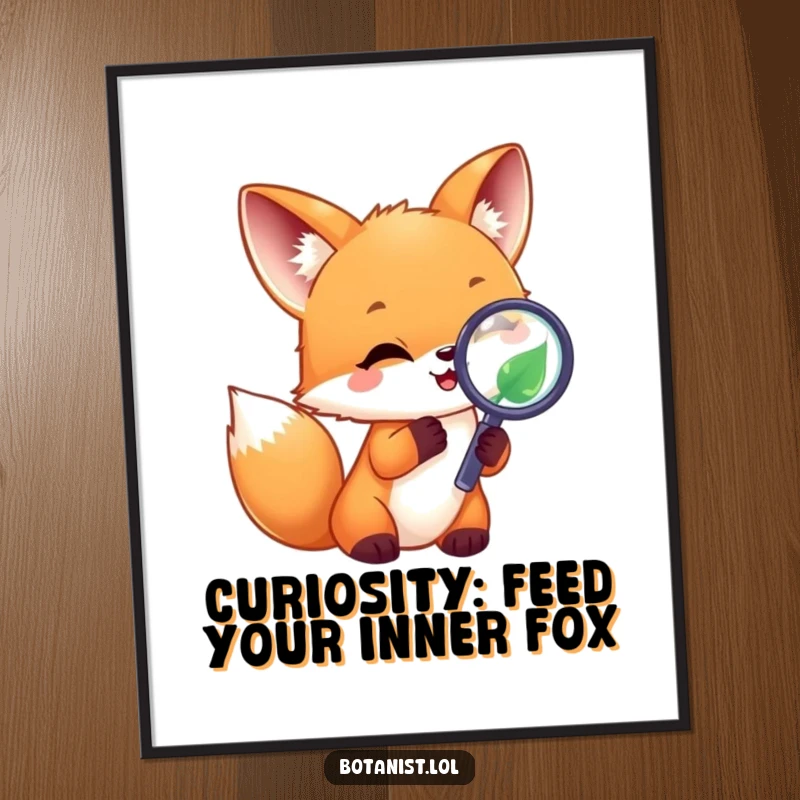 Funny Free Printable Wall Art: Joyful fox cub holding a magnifying glass to a leaf, captured in a moment of exploration.