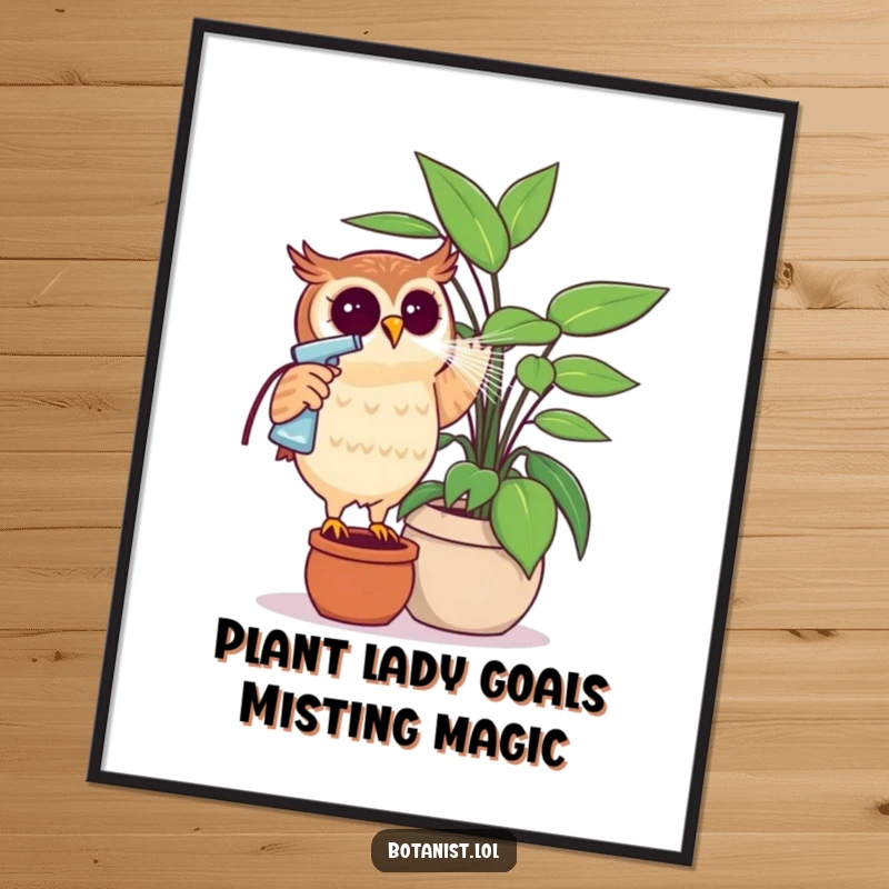 Funny Free Printable Wall Art: Curious owl misting a giant potted plant, a whimsical scene of dedicated plant care.