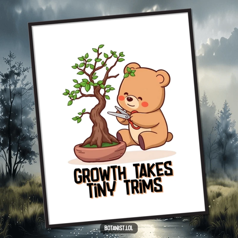 Funny Free Printable Wall Art: A bear intently prunes a small bonsai tree with miniature scissors, looking serious.