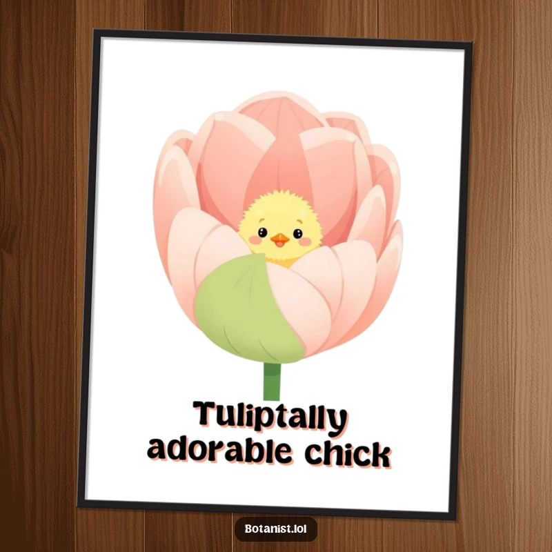 Funny Free Printable Wall Art: Fluffy chick curiously peeking from inside a massive, fully bloomed tulip, radiating charm and humor. Downloadable decor.