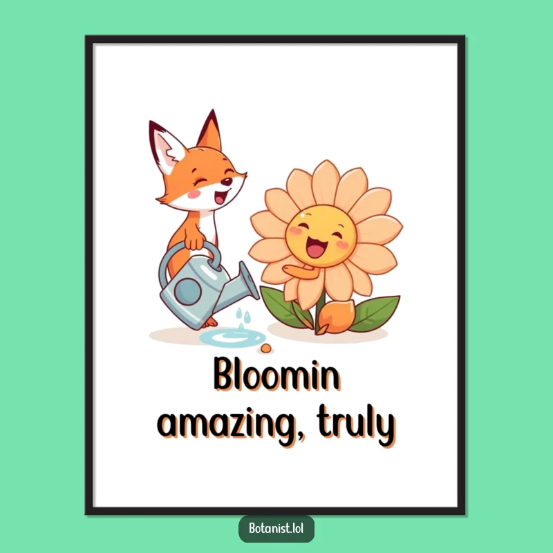Funny Free Printable Wall Art: Fox Watering Flower - Whimsical Downloadable Decor