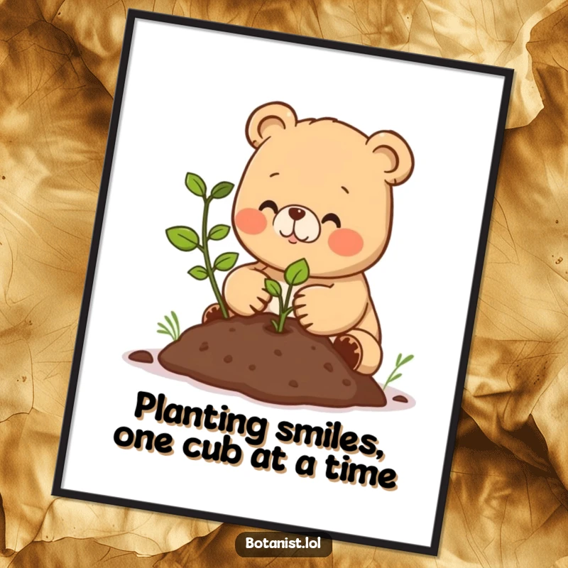 Funny Free Printable Wall Art, a happy bear cub carefully planting a small seedling into soil, cute nature-themed decor.
