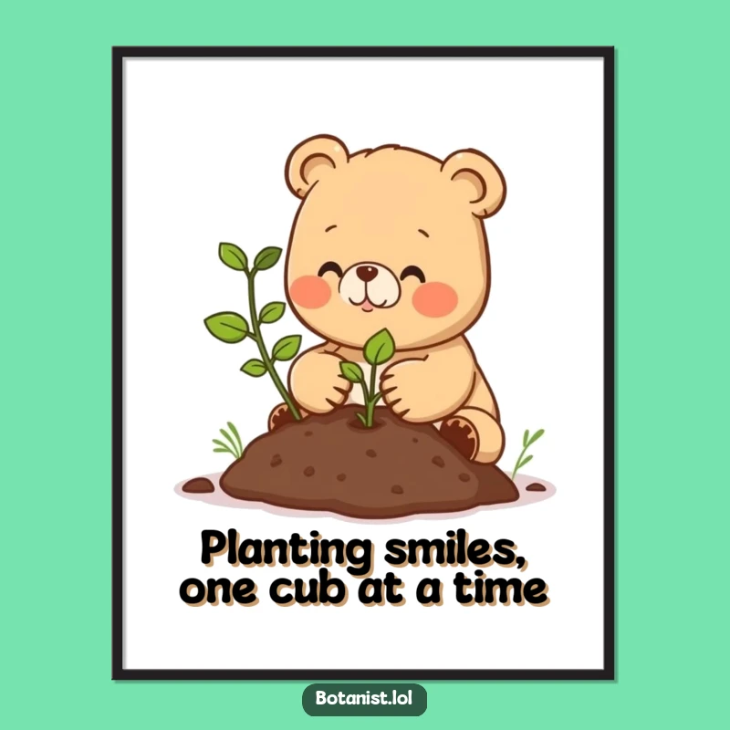 Funny Free Printable Wall Art: Happy Bear Cub Planting, Whimsical Downloadable Decor