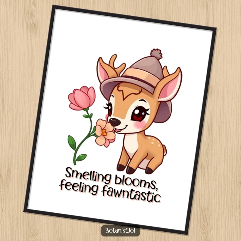 Funny Free Printable Wall Art: A happy deer wearing a stylish hat, sniffing a vibrant flower, bringing joy to any room.