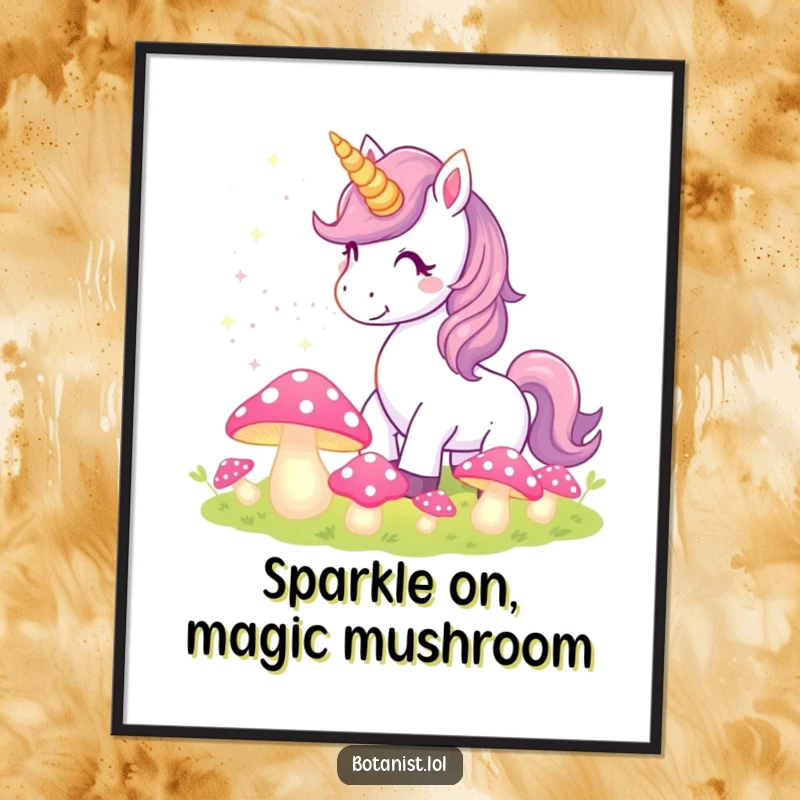 Funny Free Printable Wall Art: Unicorn character sprinkling pixie dust over magical glowing mushrooms, whimsical decor.