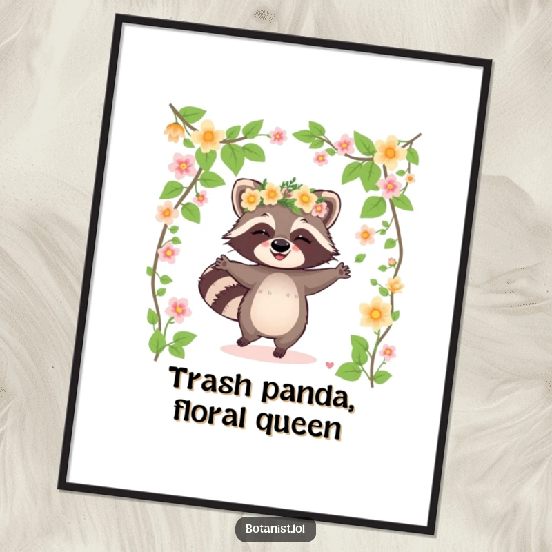 Funny Free Printable Wall Art: Giggling raccoon wearing a flower crown, dancing among vines, whimsical downloadable decor.