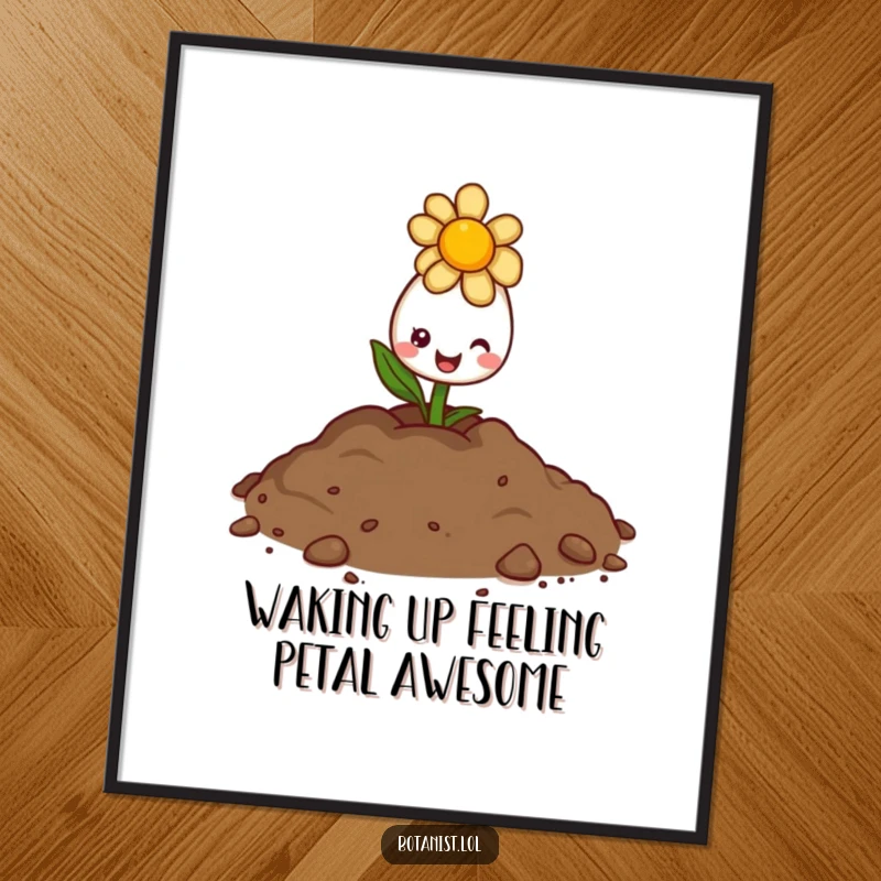 Funny Free Printable Wall Art: A happy flower bud peeking out of soil, radiating a bright, sunny smile and cheerful energy for your decor.