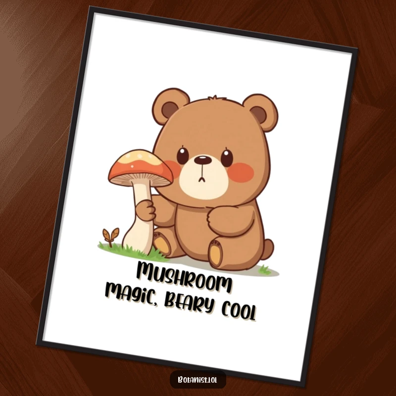 Funny Free Printable Wall Art: A curious and surprised bear inspects a massive, fantastical mushroom, bringing whimsical art home.