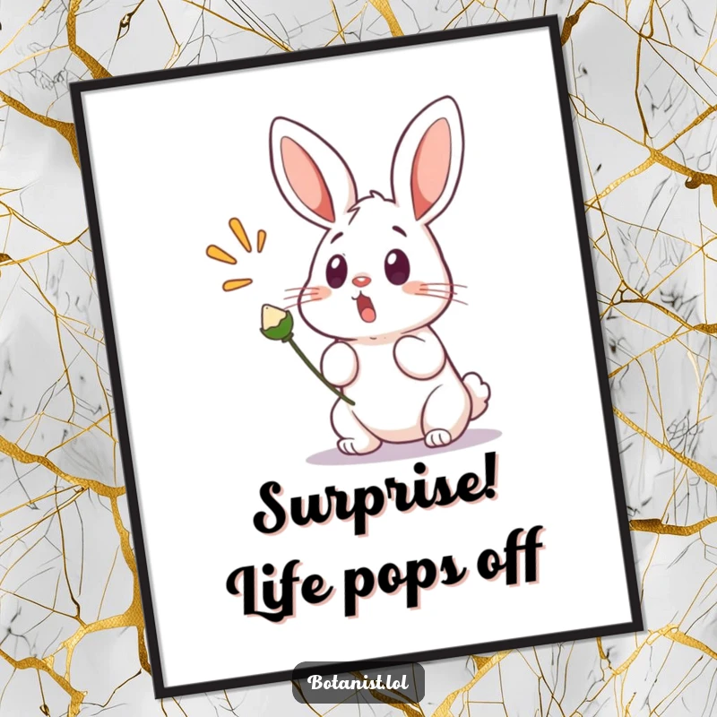 Funny free printable wall art of a surprised bunny looking wide-eyed as a seed pod bursts open with energy.