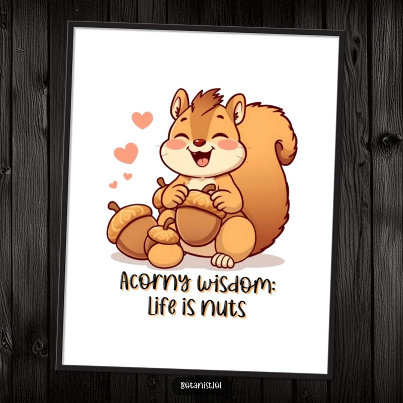 Funny free printable wall art featuring a giggling squirrel with a joyous expression, collecting giant acorns.