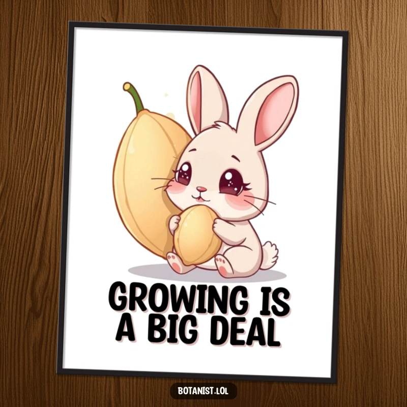 Funny Free Printable Wall Art: A curious rabbit with wide, sparking eyes studying an exceptionally large, mysterious seed.