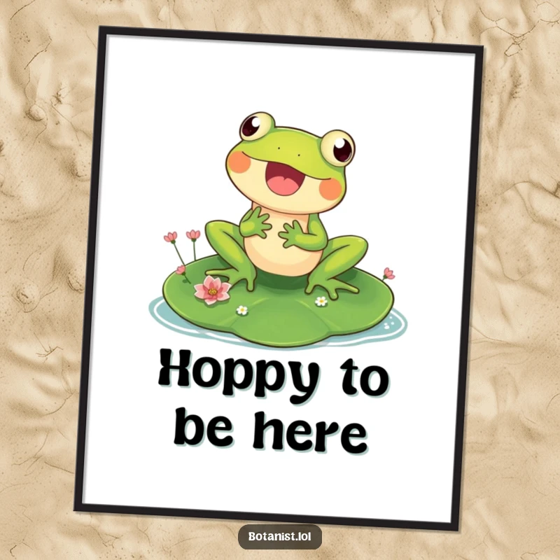 Funny Free Printable Frog Wall Art: A delighted frog sits on a huge lily pad, admiring tiny blossoms with an amused expression.