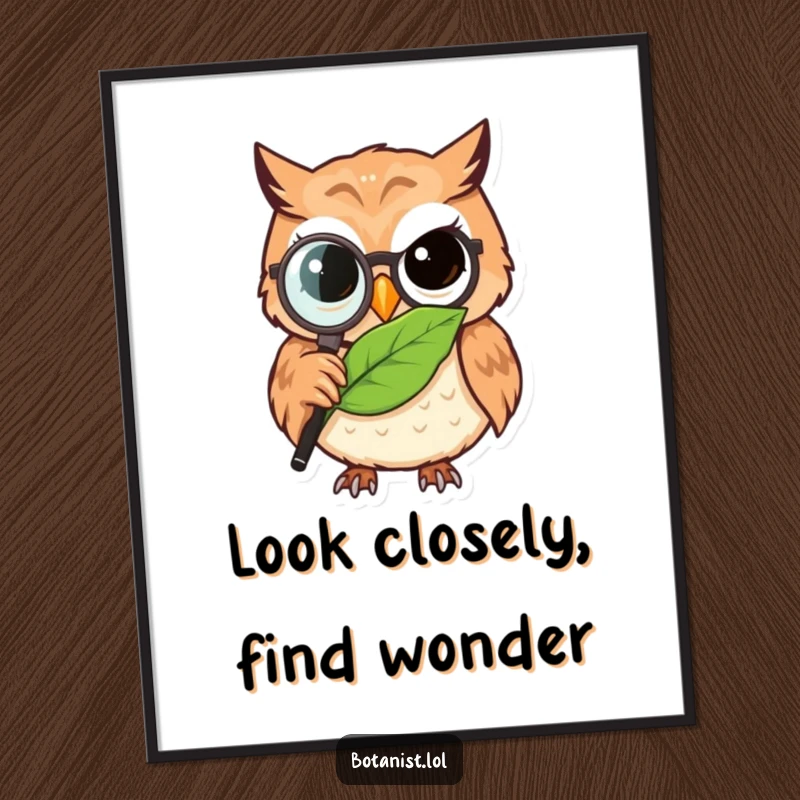 Funny Free Printable Wall Art: a determined owl wearing a magnifying glass, observing the intricate details of a leaf.